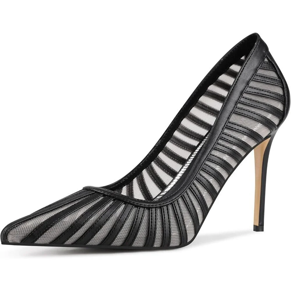 Women's Black Pumps Pointed Toe Heels Closed Toe Mesh Pumps High Stiletto Heel